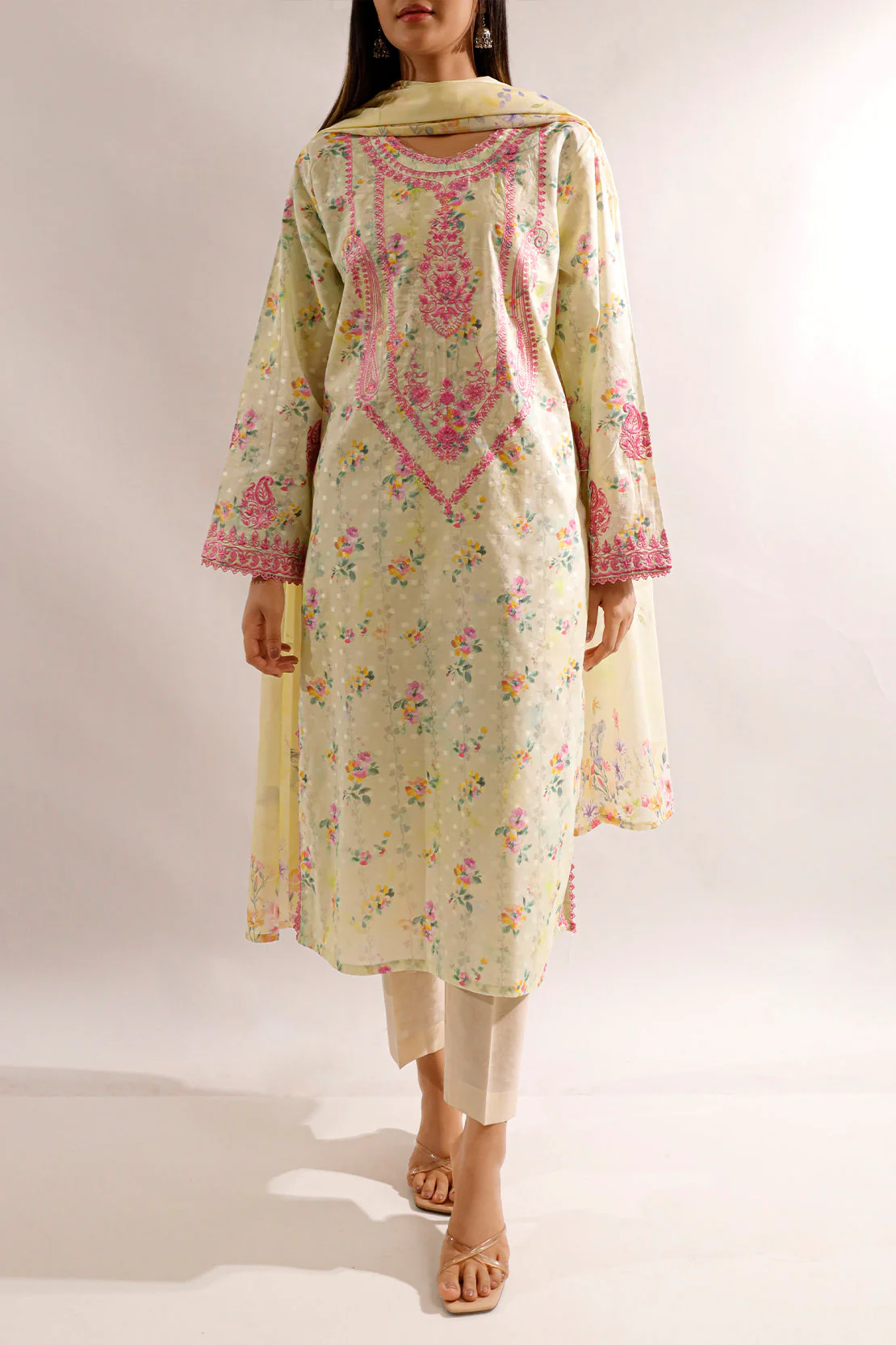Printed Embroidered Self Jacquard Stitched 2 Piece (Shirt/Dupatta)