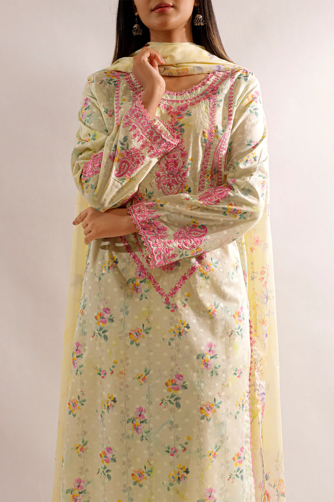 Printed Embroidered Self Jacquard Stitched 2 Piece (Shirt/Dupatta) - Image 2