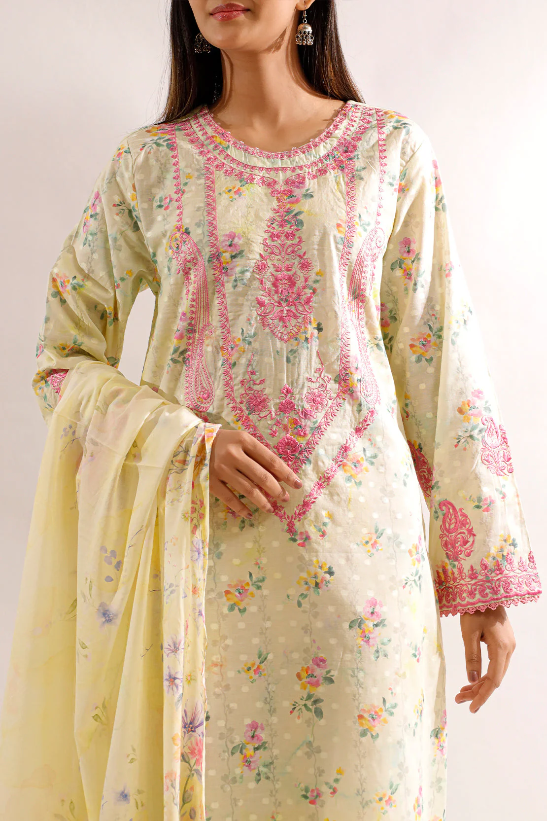 Printed Embroidered Self Jacquard Stitched 2 Piece (Shirt/Dupatta) - Image 3