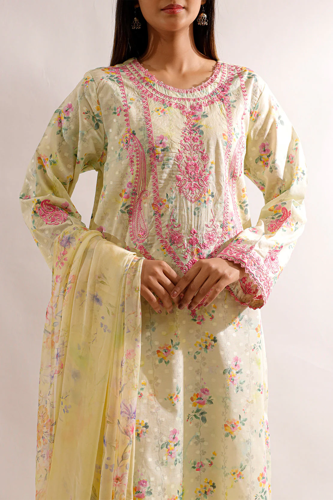 Printed Embroidered Self Jacquard Stitched 2 Piece (Shirt/Dupatta) - Image 2