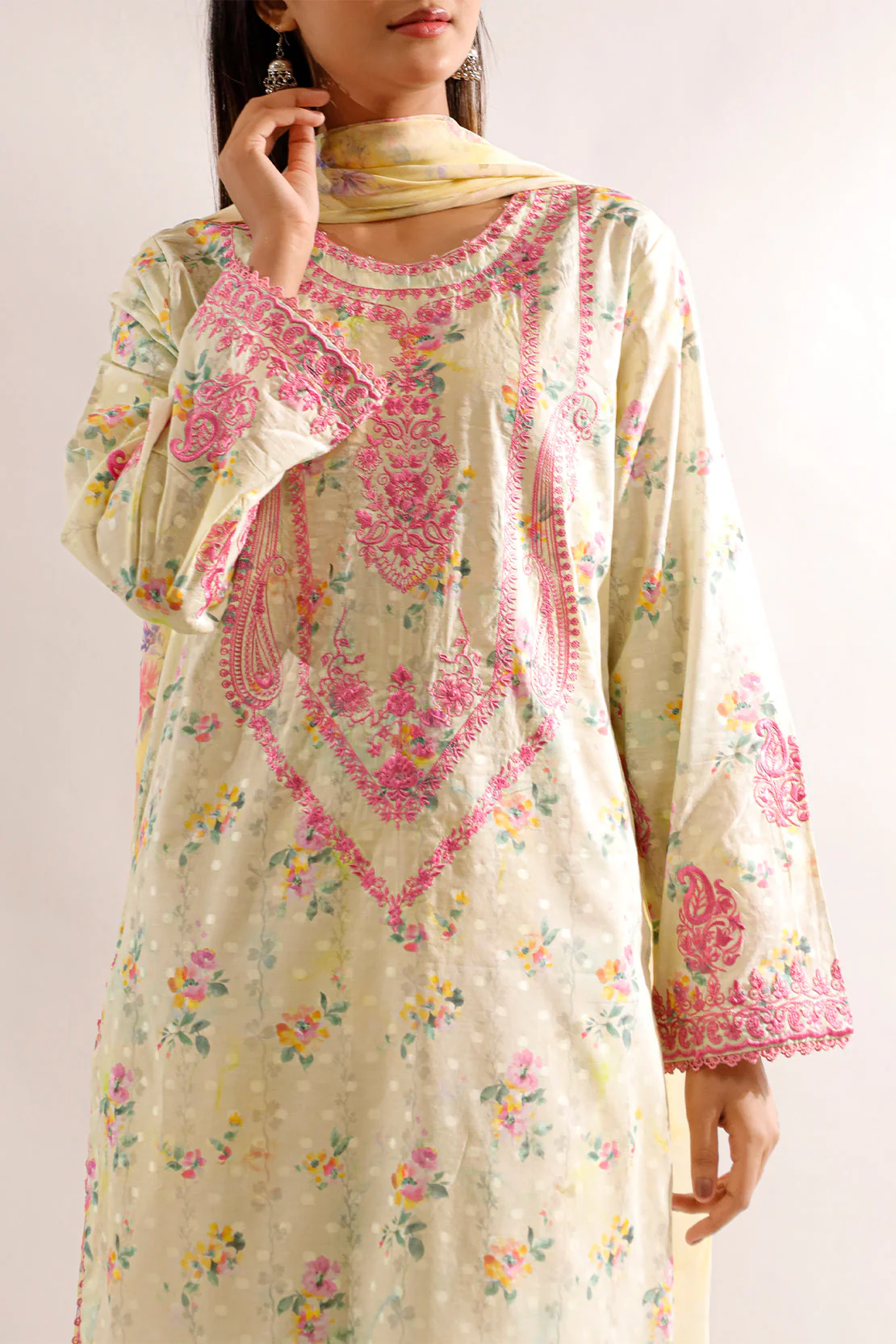 Printed Embroidered Self Jacquard Stitched 2 Piece (Shirt/Dupatta) - Image 3