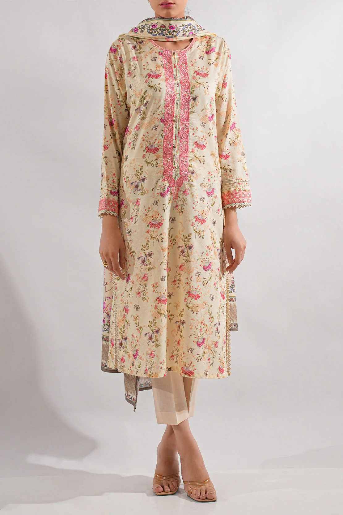 Printed Embroidered Self Jacquard Stitched 2 Piece (Shirt/Dupatta) - Image 2
