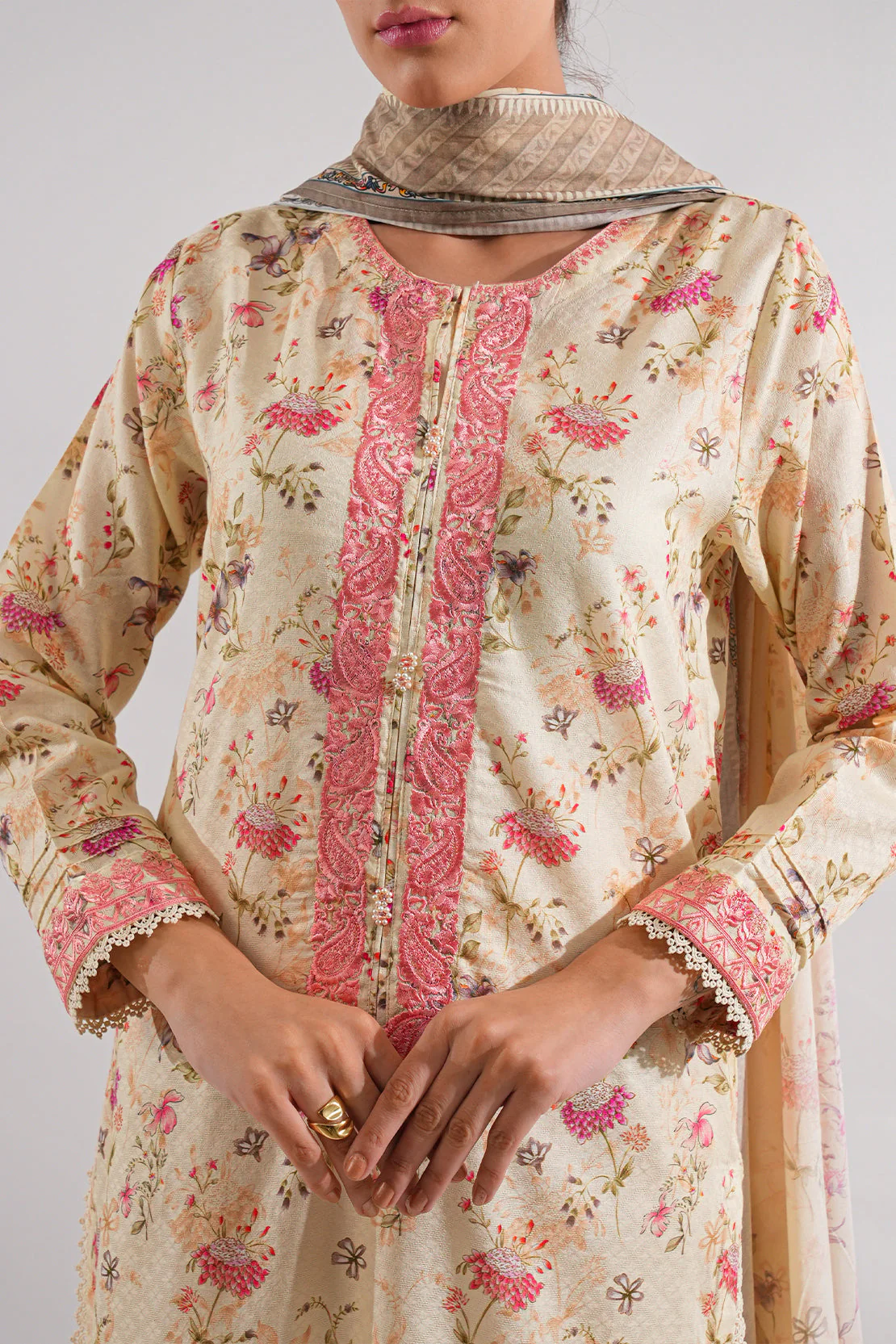 Printed Embroidered Self Jacquard Stitched 2 Piece (Shirt/Dupatta) - Image 4