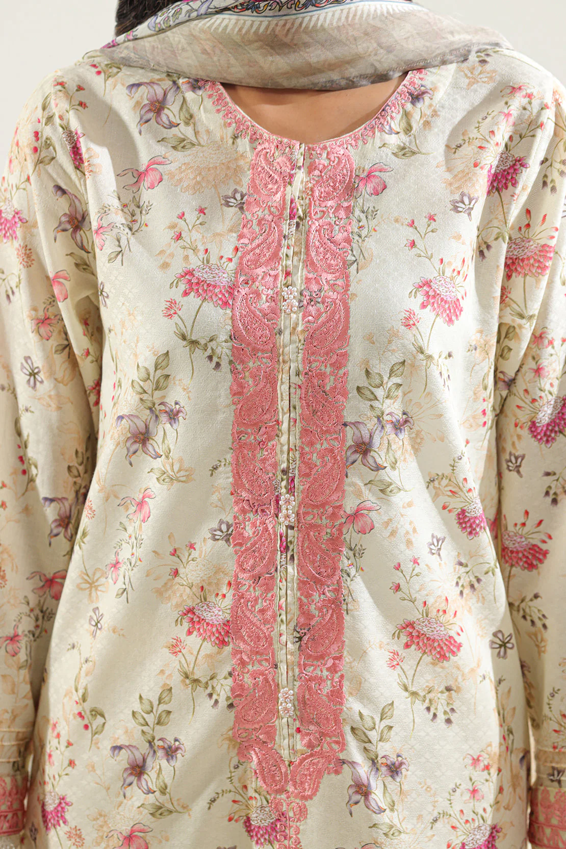Printed Embroidered Self Jacquard Stitched 2 Piece (Shirt/Dupatta) - Image 4
