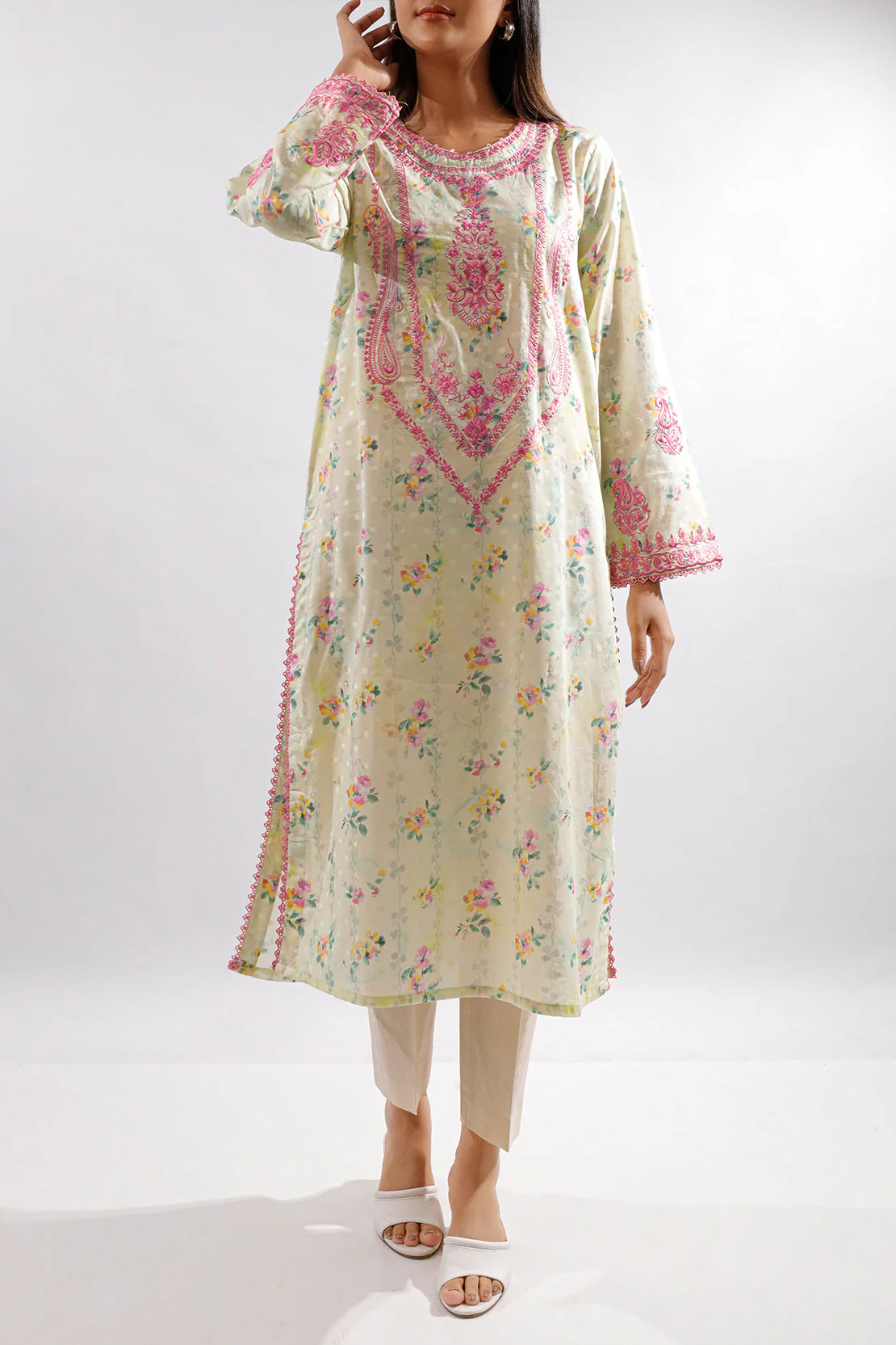 Printed Embroidered Self Jacquard Stitched Shirt - Image 4