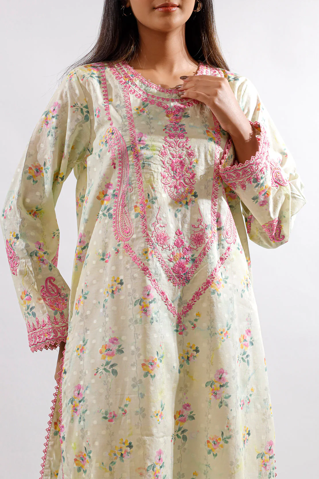 Printed Embroidered Self Jacquard Stitched Shirt - Image 5