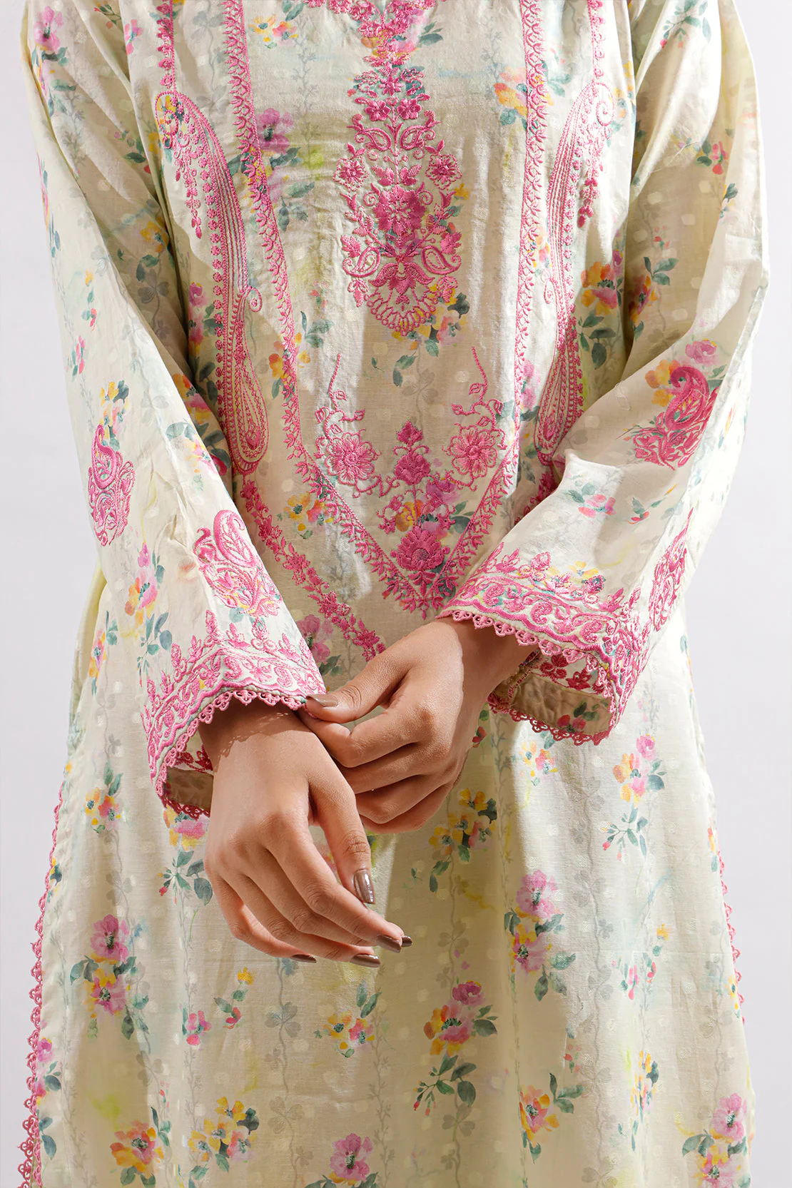 Printed Embroidered Self Jacquard Stitched Shirt - Image 7