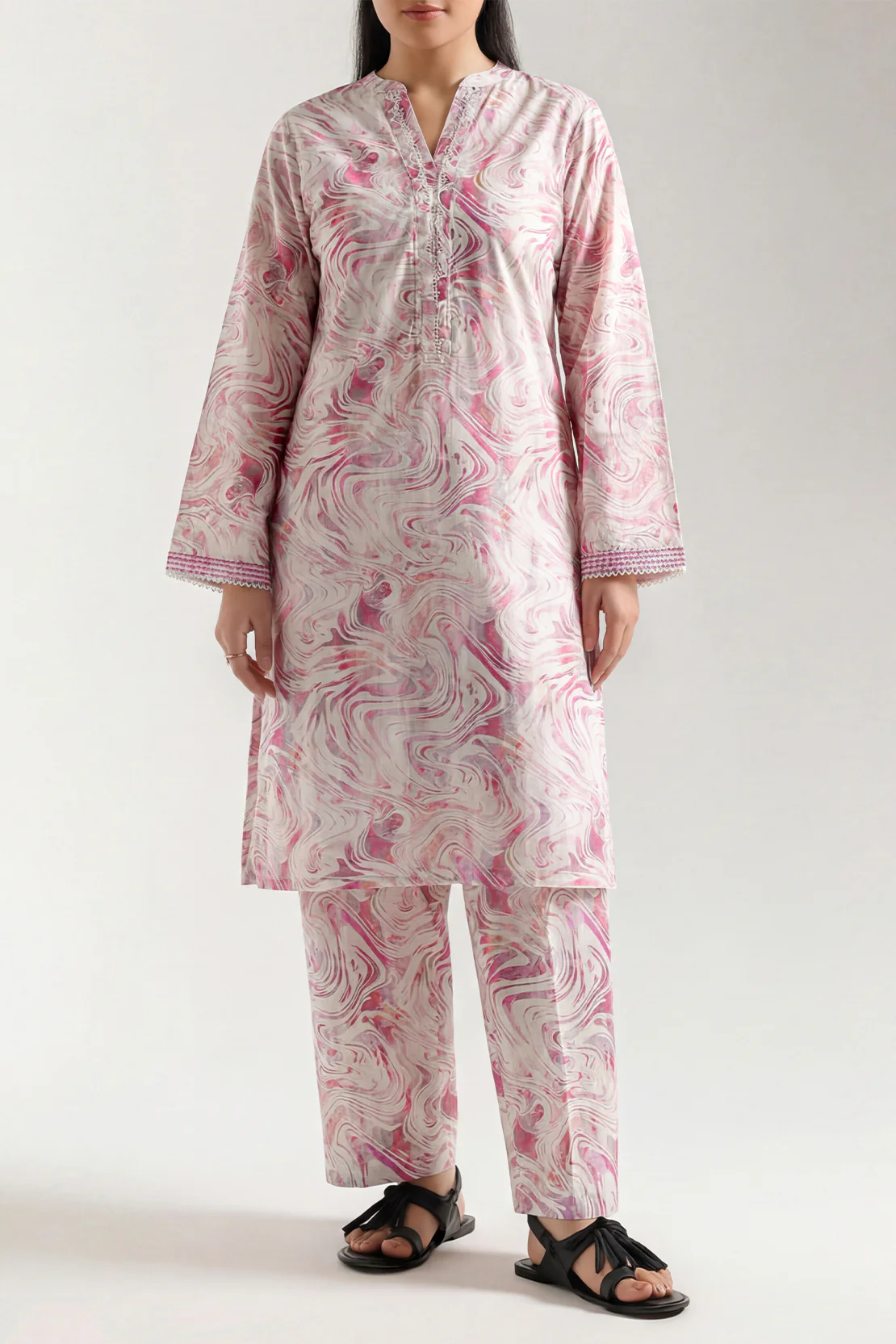 Printed Embroidered Self Strip Lawn Stitched 2 Piece (Shirt/Trouser) - Image 2