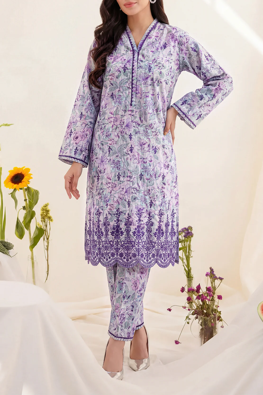 Printed Embroidered Self Strip Lawn Stitched 2 Piece (Shirt/Trouser)