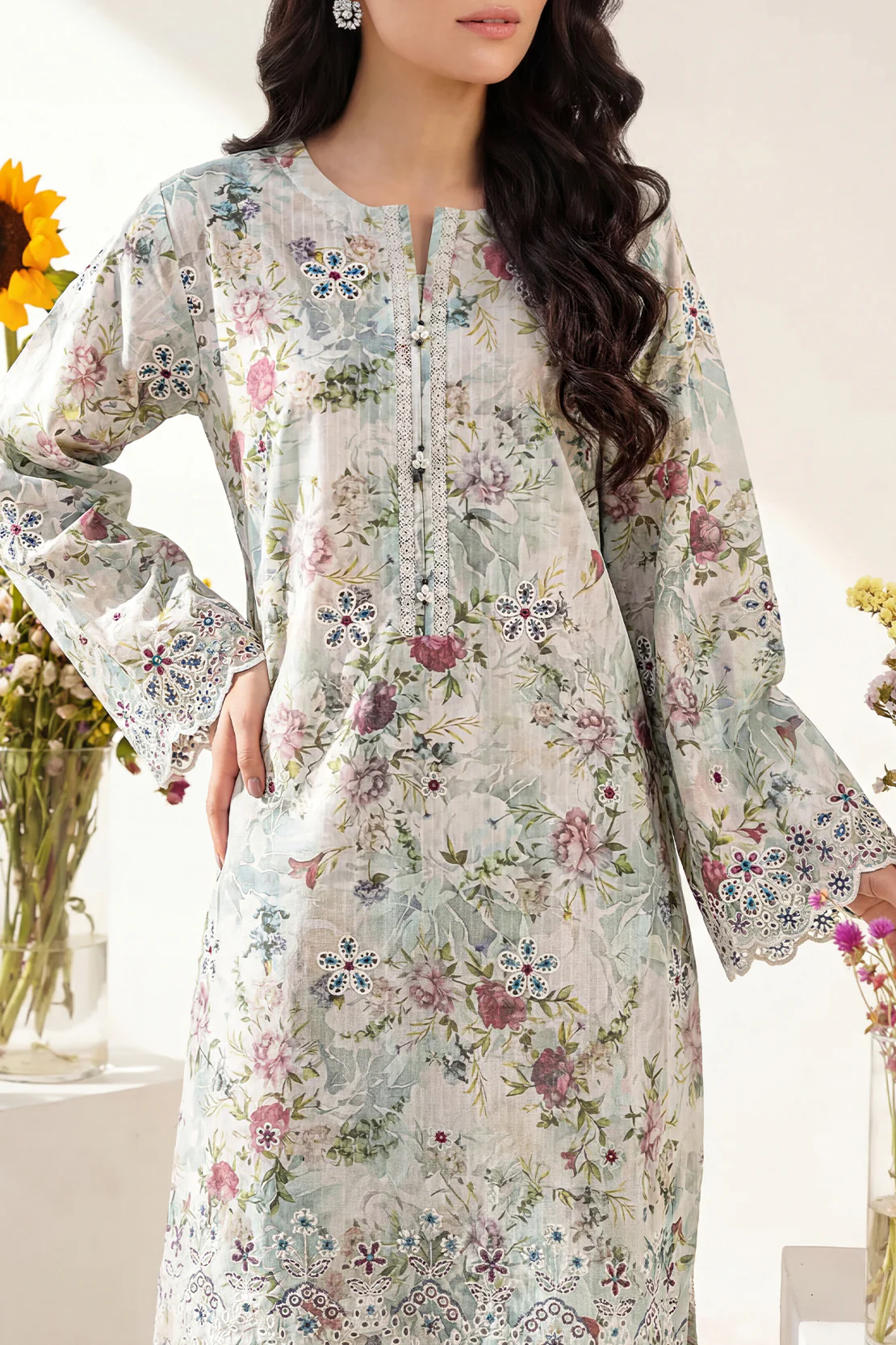 Printed Embroidered Self Strip Lawn Stitched 2 Piece (Shirt/Trouser) - Image 2