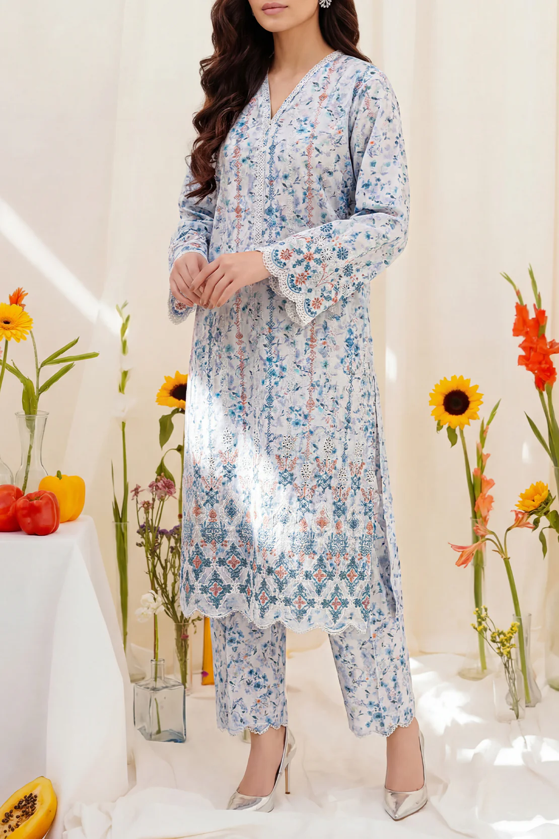 Printed Embroidered Self Strip Lawn Stitched 2 Piece (Shirt/Trouser)