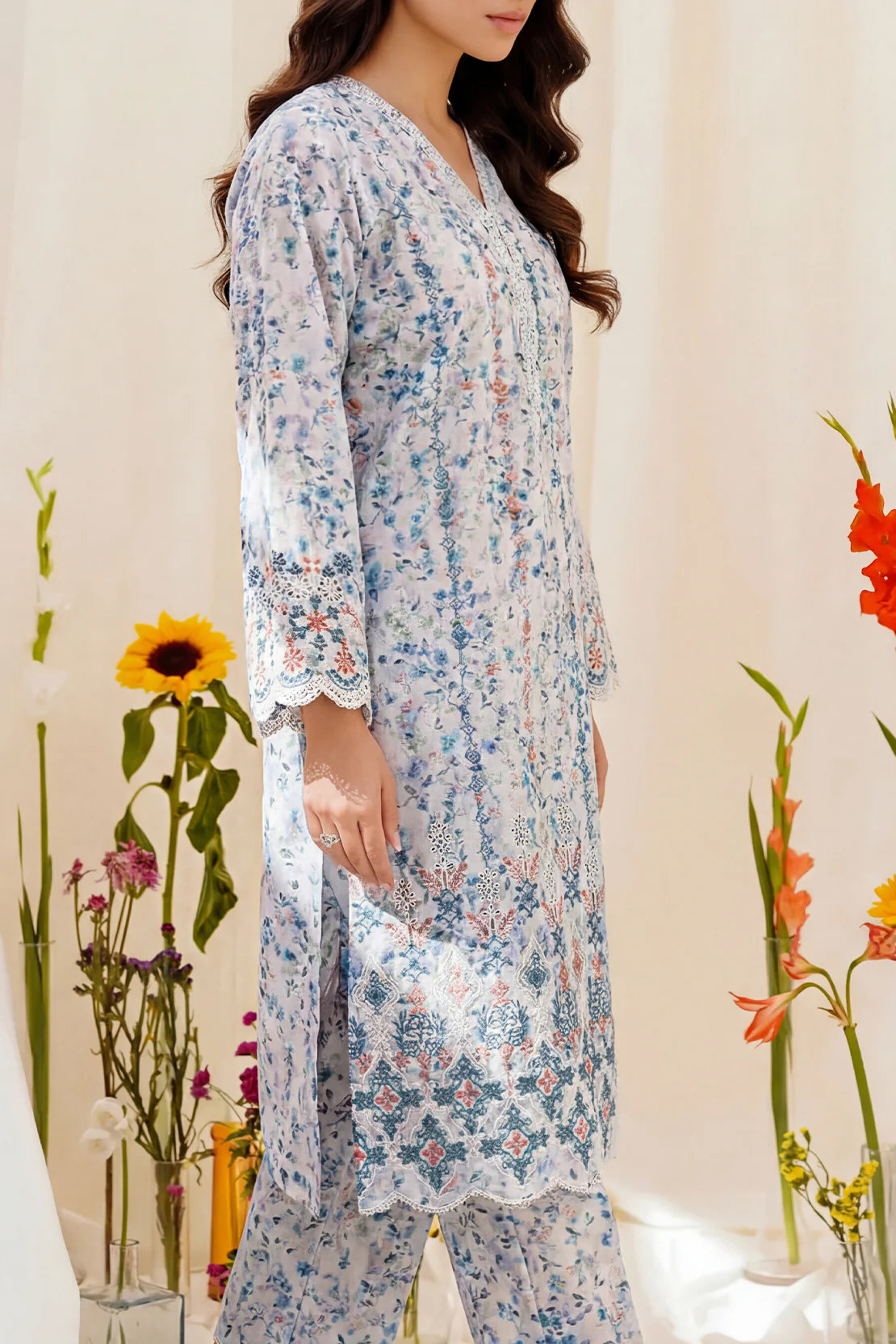 Printed Embroidered Self Strip Lawn Stitched 2 Piece (Shirt/Trouser) - Image 2