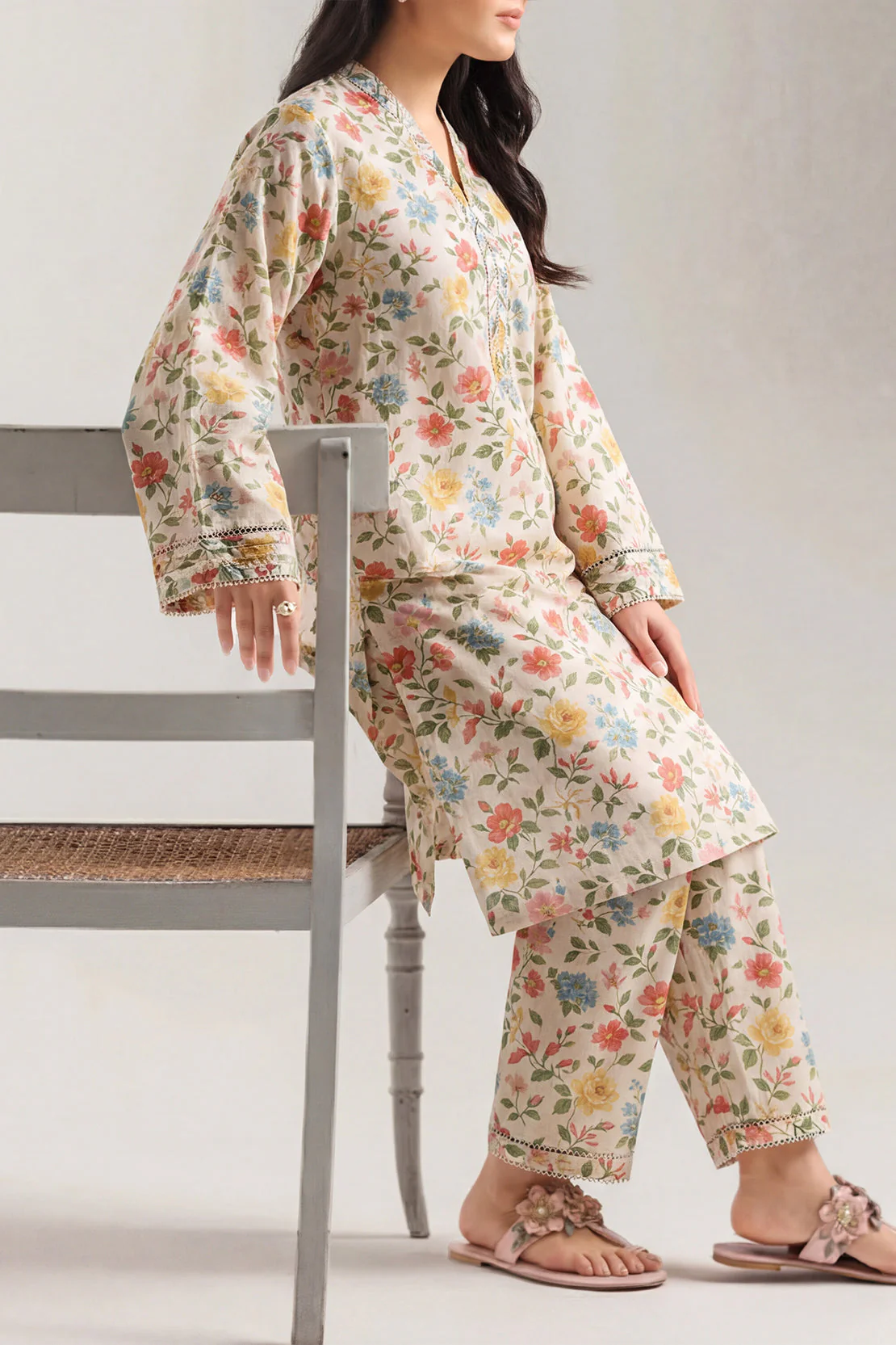 Printed Embroidered Self Strip Lawn Stitched Shirt - Image 2