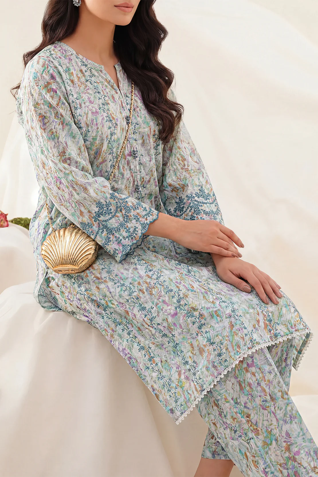 Printed Embroidered Self Strip Lawn Stitched Shirt - Image 2