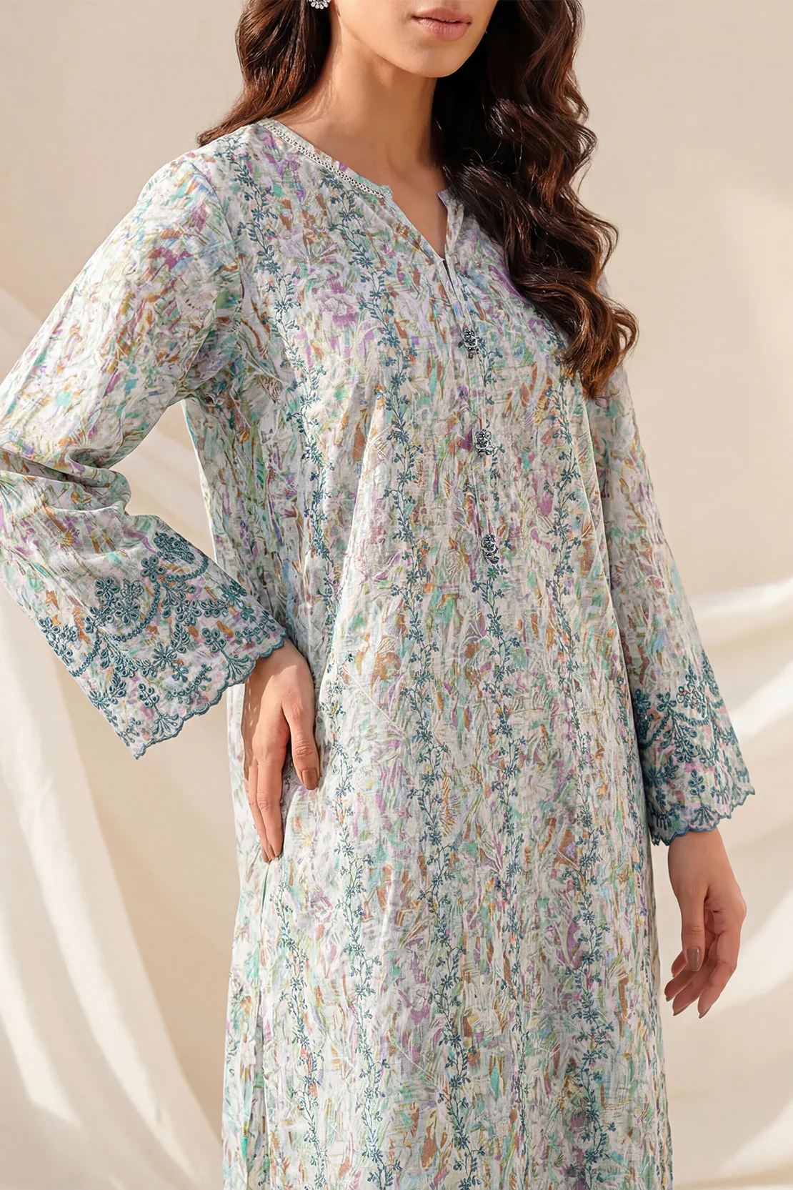 Printed Embroidered Self Strip Lawn Stitched Shirt - Image 3