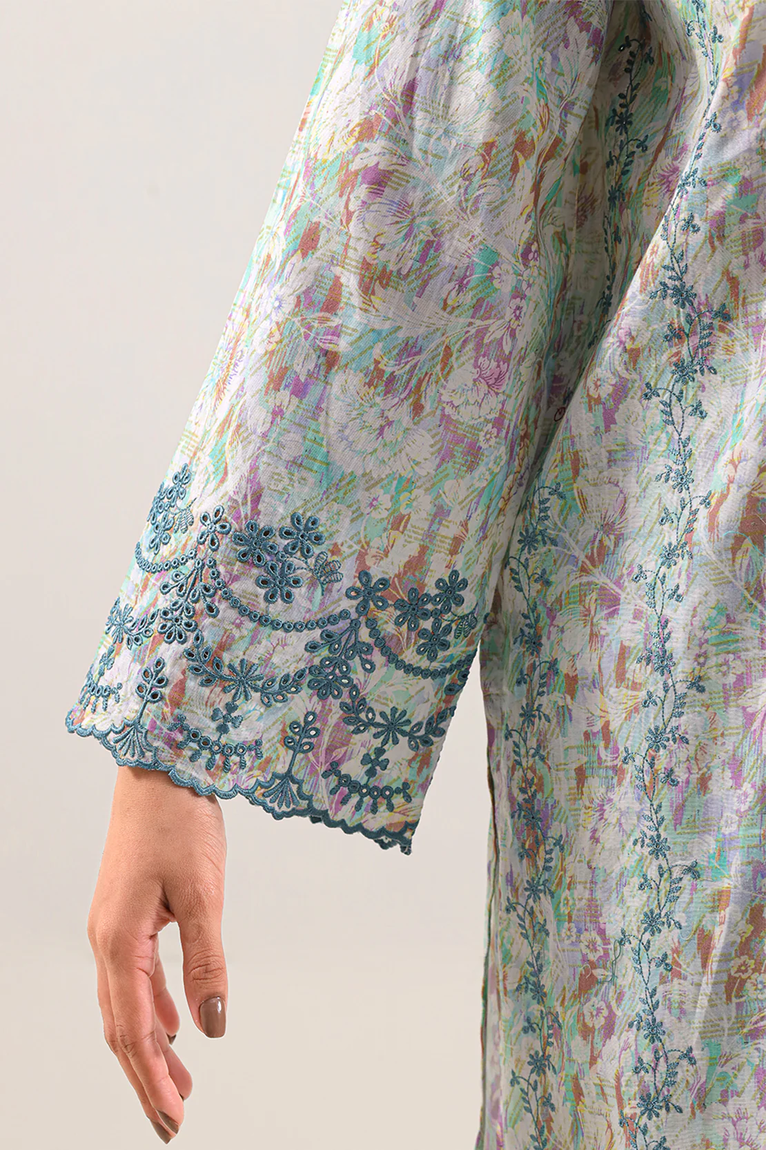 Printed Embroidered Self Strip Lawn Stitched Shirt - Image 5
