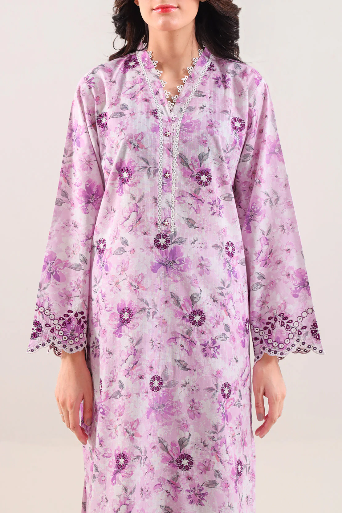 Printed Embroidered Self Strip Lawn Stitched Shirt - Image 2