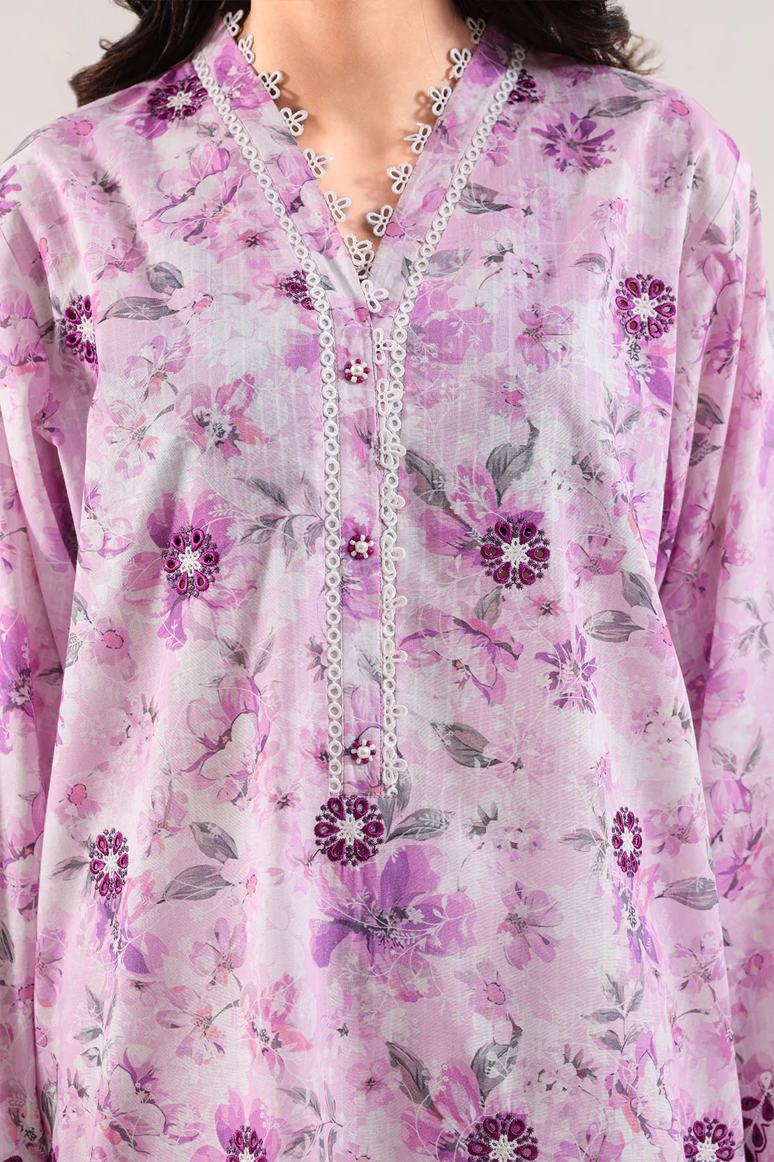 Printed Embroidered Self Strip Lawn Stitched Shirt - Image 3