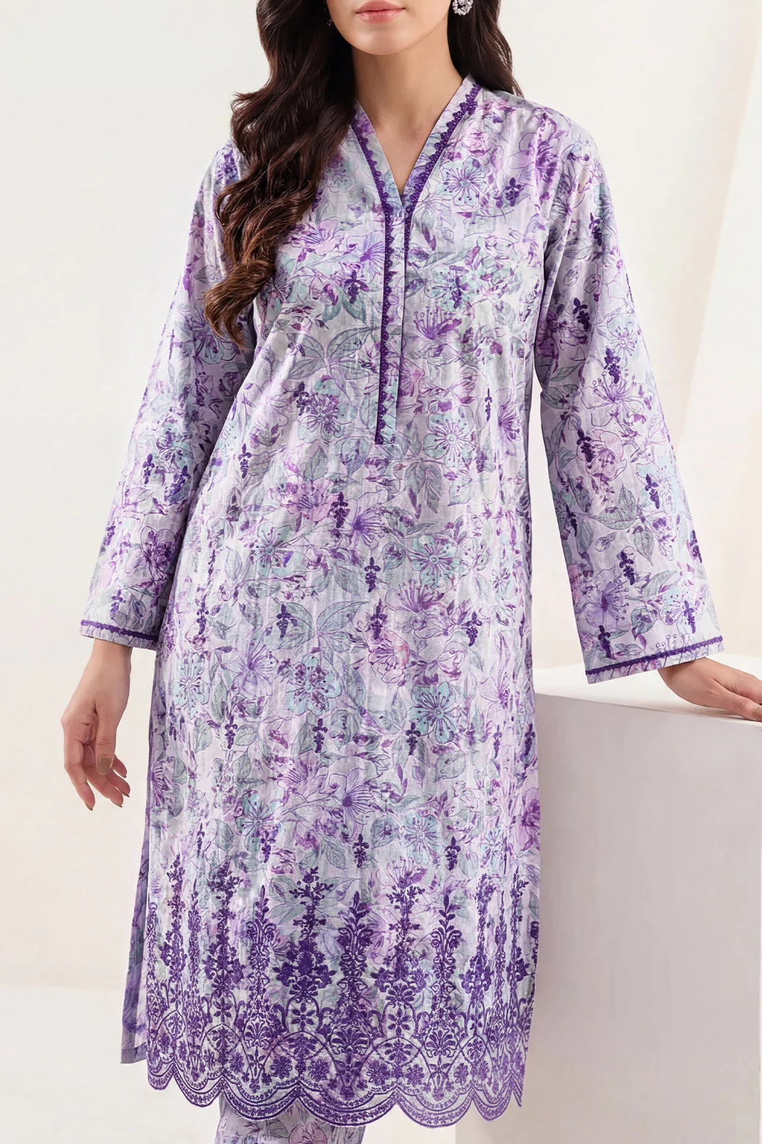 Printed Embroidered Self Strip Lawn Stitched Shirt - Image 2