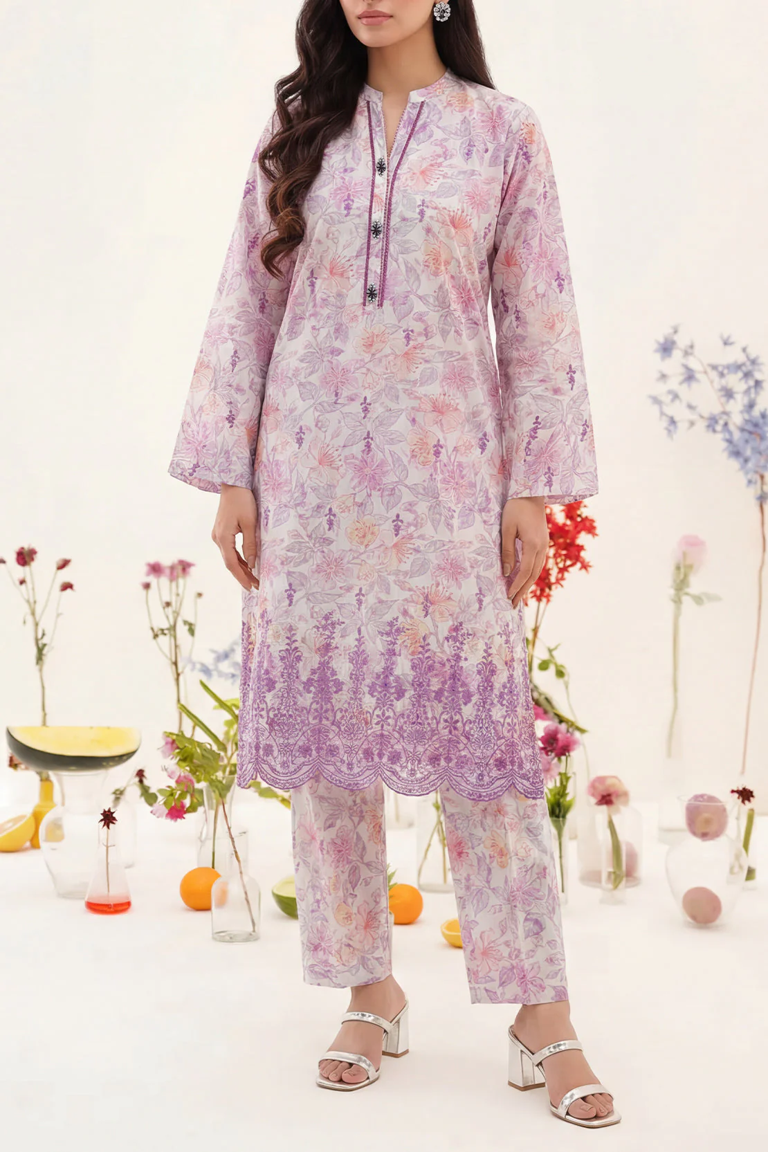 Printed Embroidered Self Strip Lawn Stitched Shirt