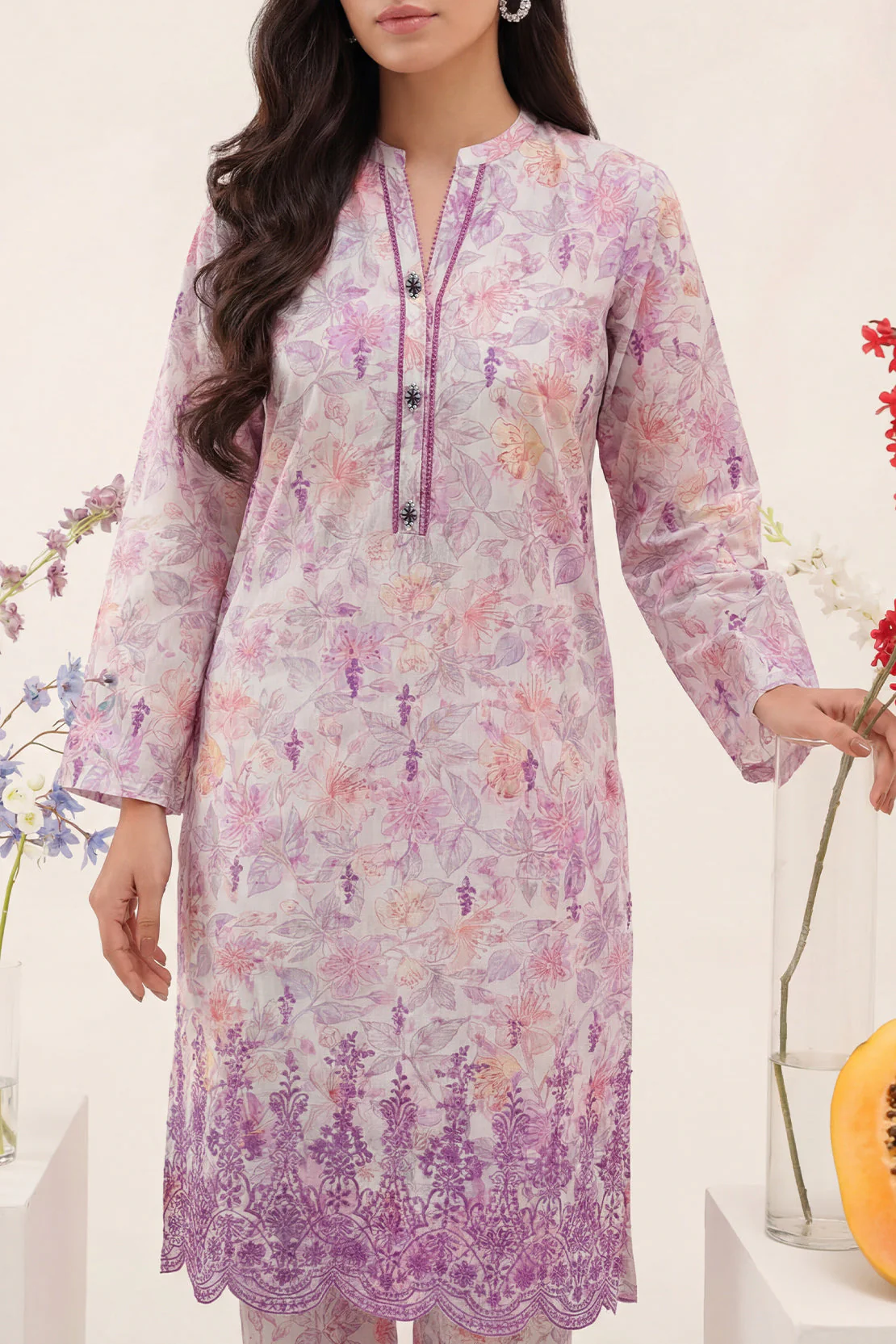 Printed Embroidered Self Strip Lawn Stitched Shirt - Image 2