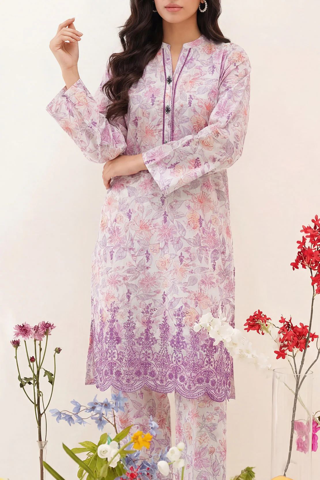 Printed Embroidered Self Strip Lawn Stitched Shirt - Image 3
