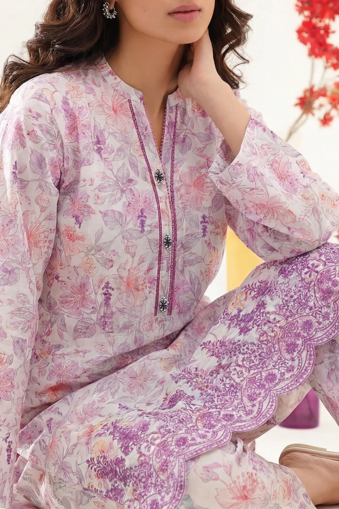 Printed Embroidered Self Strip Lawn Stitched Shirt - Image 4