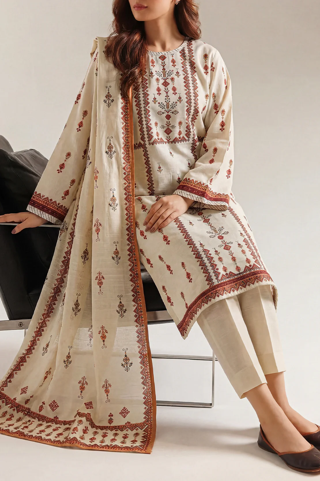 Printed Fancy Jacquard Khaddar Stitched 3 Piece