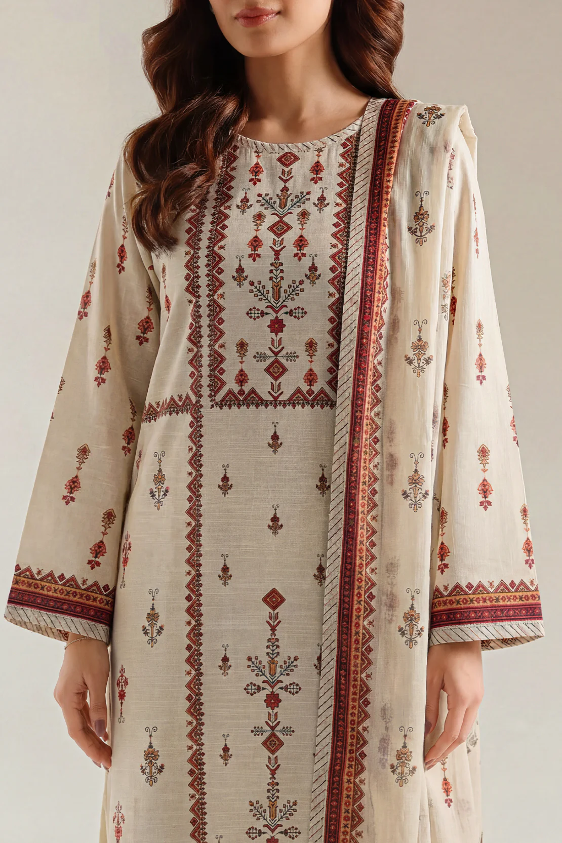 Printed Fancy Jacquard Khaddar Stitched 3 Piece - Image 2