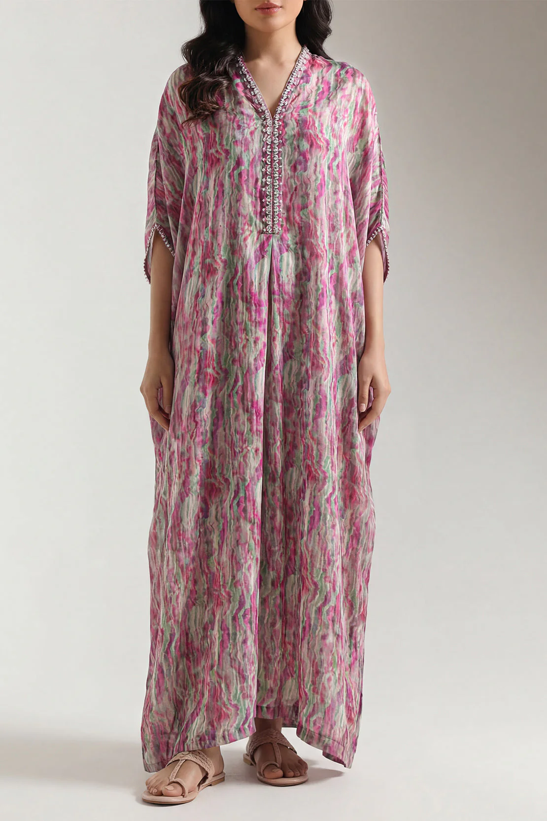 Printed Kaftaan Silk Stitched Dress - Image 3