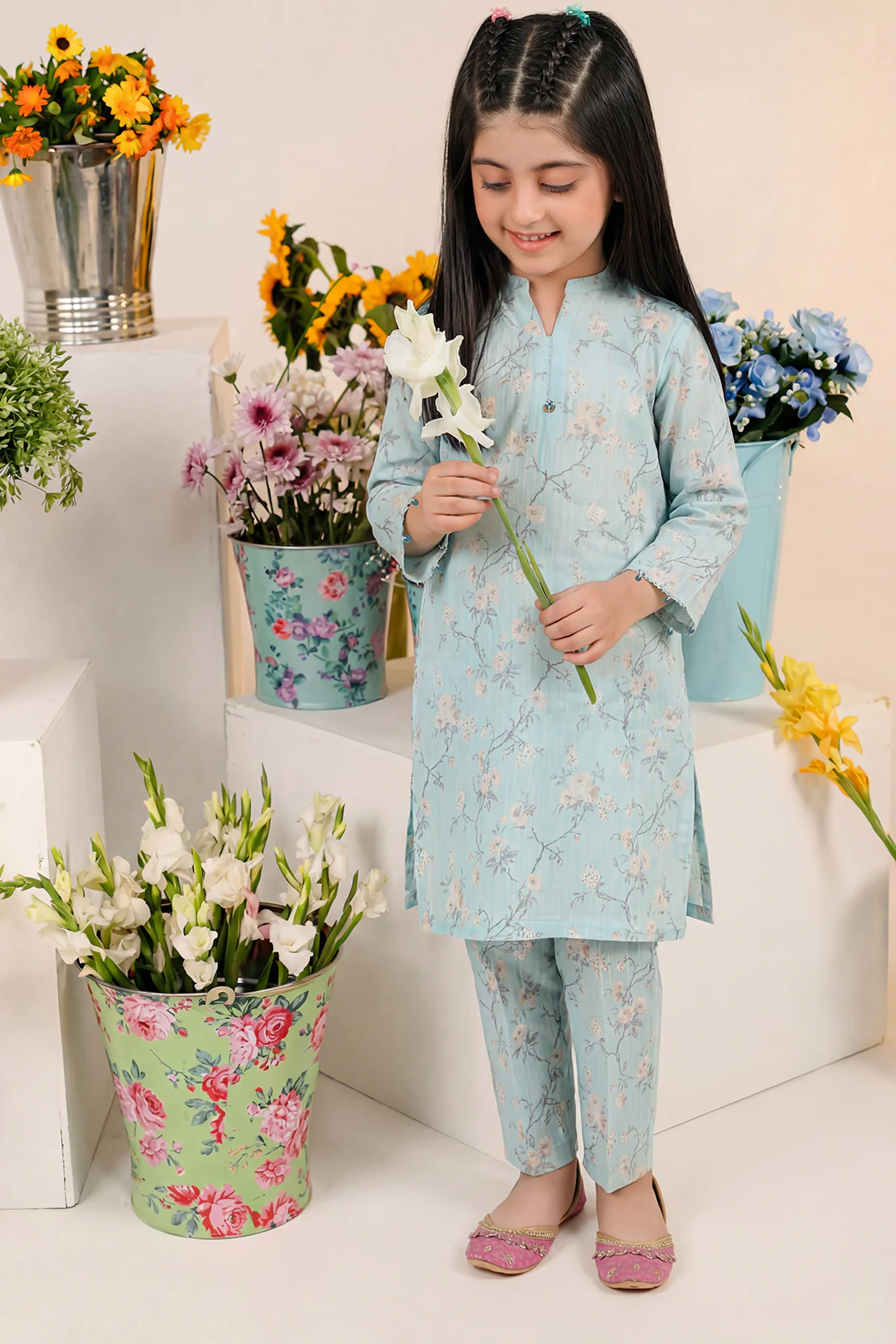 Printed Self Strip Lawn Stitched 2 Piece (Shirt/Trouser) For Kids