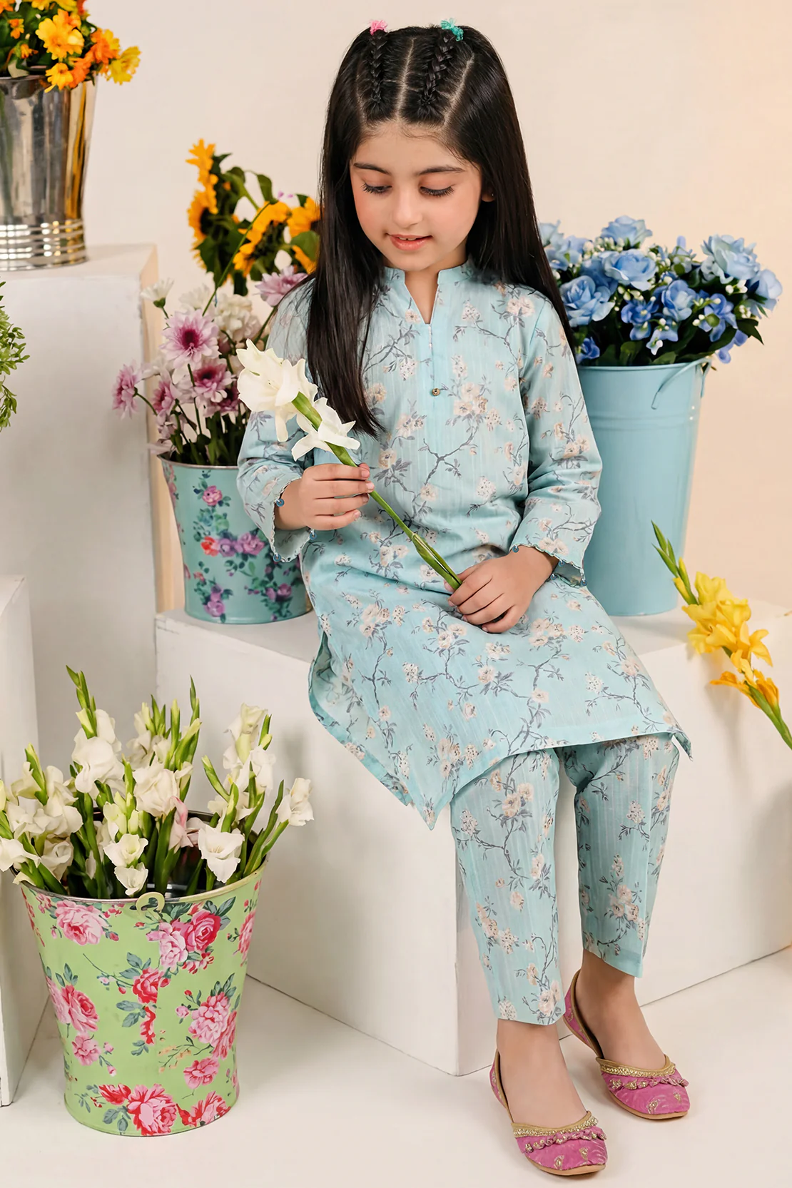 Printed Self Strip Lawn Stitched 2 Piece (Shirt/Trouser) For Kids - Image 3