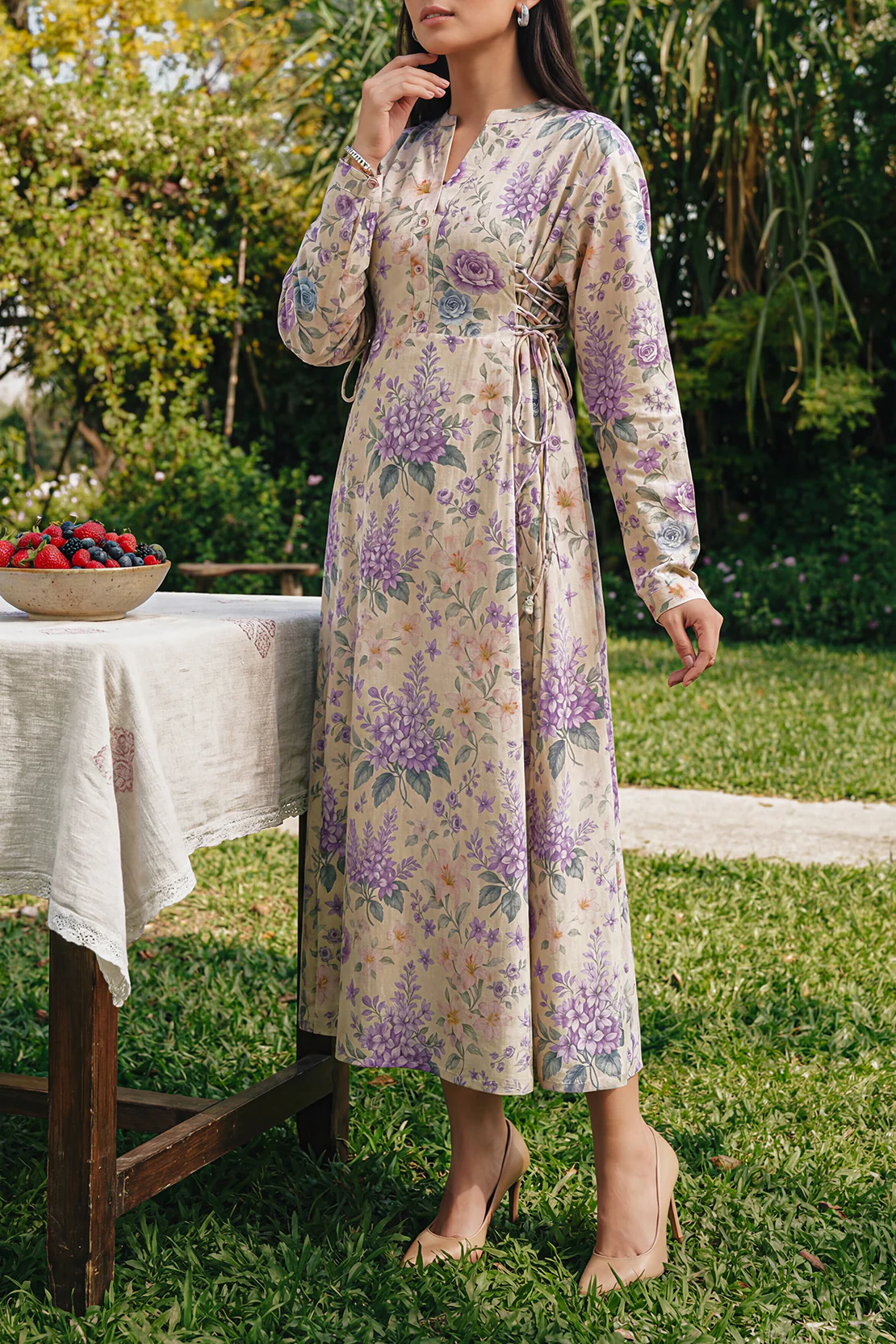 Printed Self Strip Lawn Stitched Dress