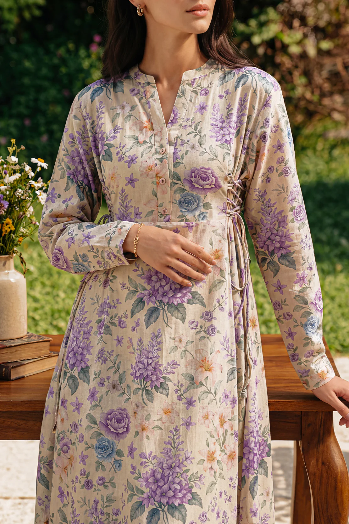 Printed Self Strip Lawn Stitched Dress - Image 2