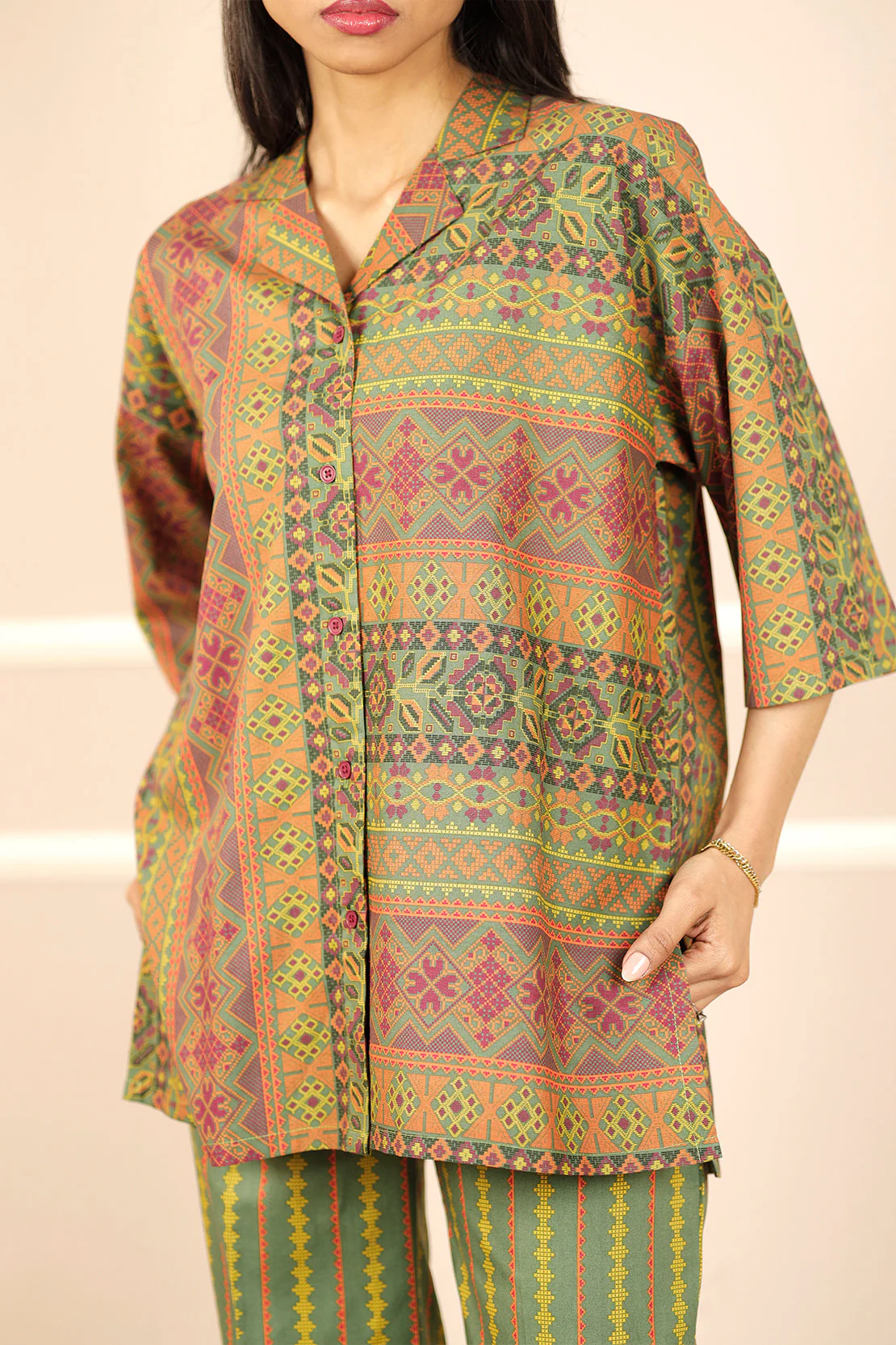 Printed Slub Cotton Stitched Shirt - Image 2