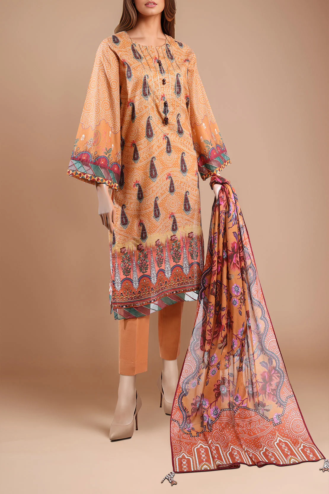 Unstitched Printed Zari Gold Zari 3 Piece - Image 2