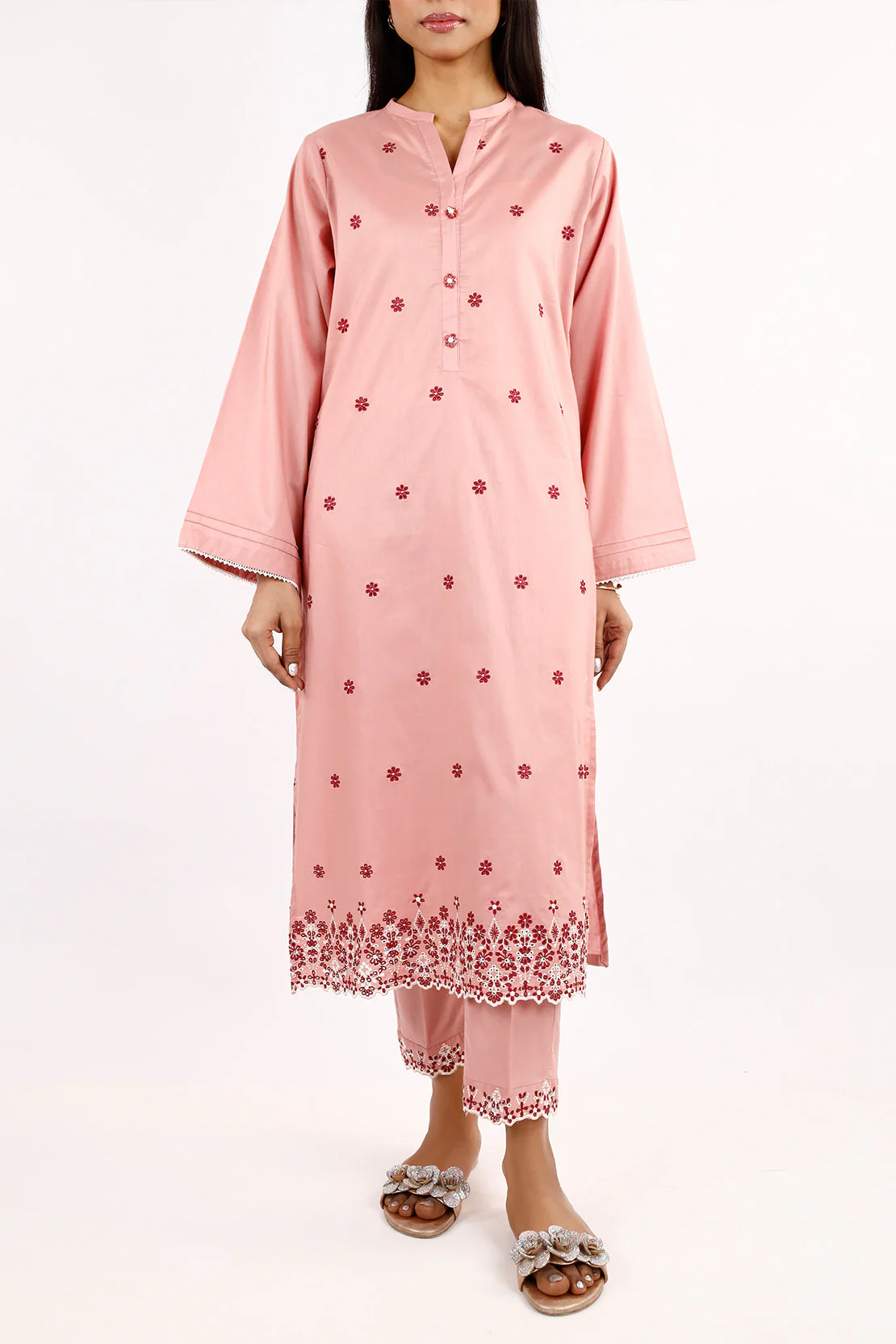 Solid Emb Cotton Stitched 2 Piece (Shirt/Trouser)