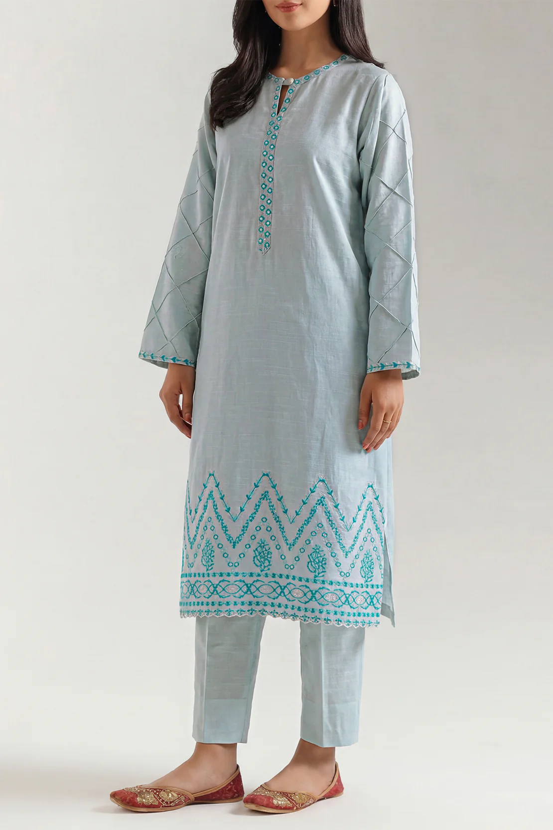 Solid+Emb Khaddar Stitched 2 Piece (Shirt/Trouser)