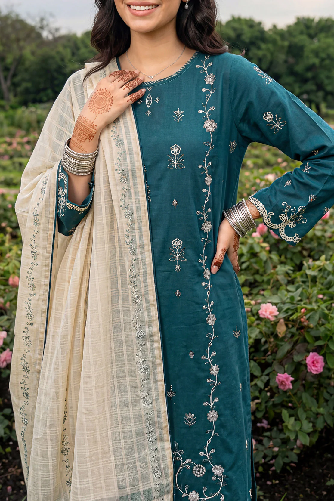 Solid Embroidered Cambric Stitched 2 Piece (Shirt/Dupatta) - Image 3