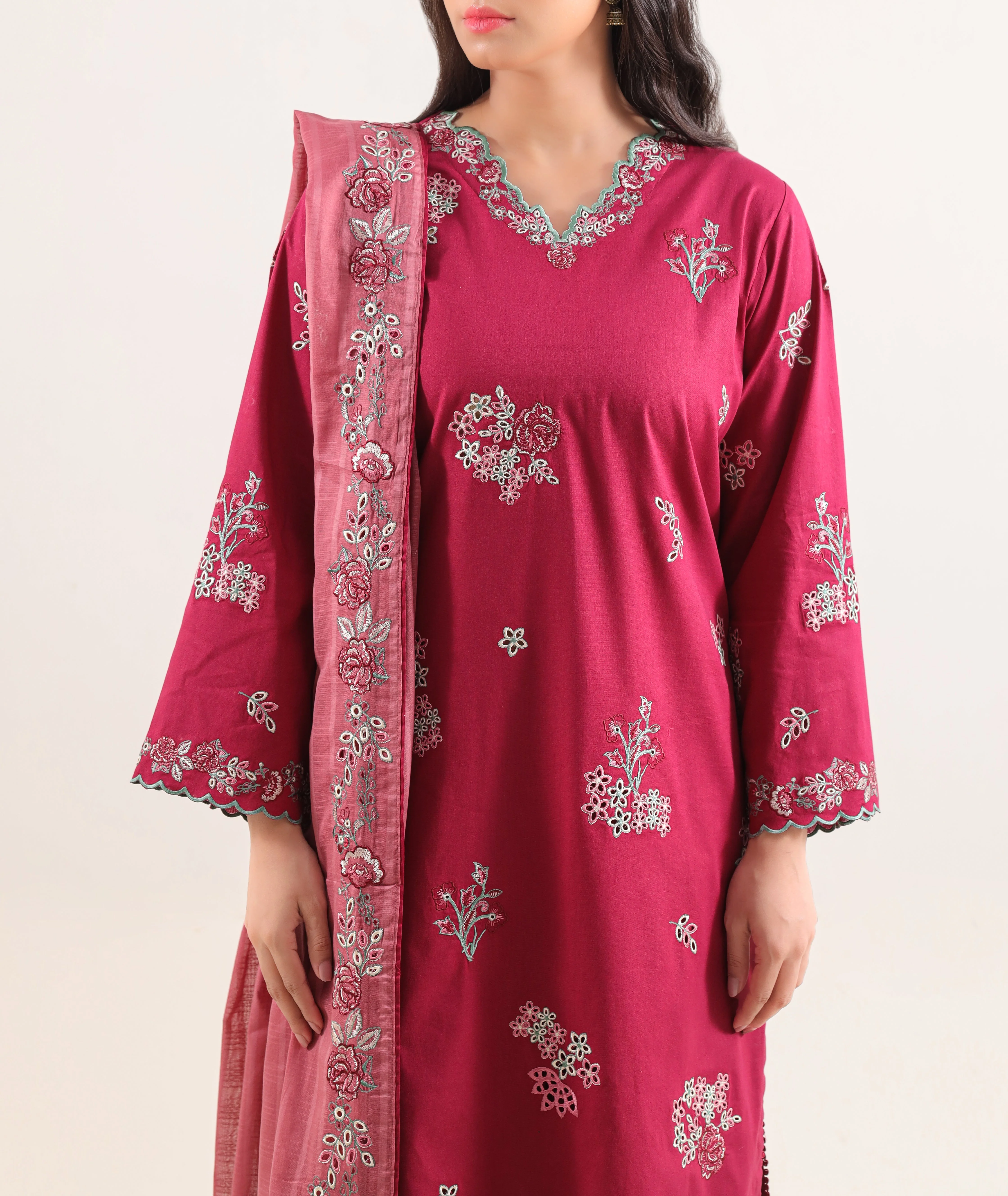 Solid Embroidered Cambric Stitched 2 Piece (Shirt/Dupatta) - Image 2