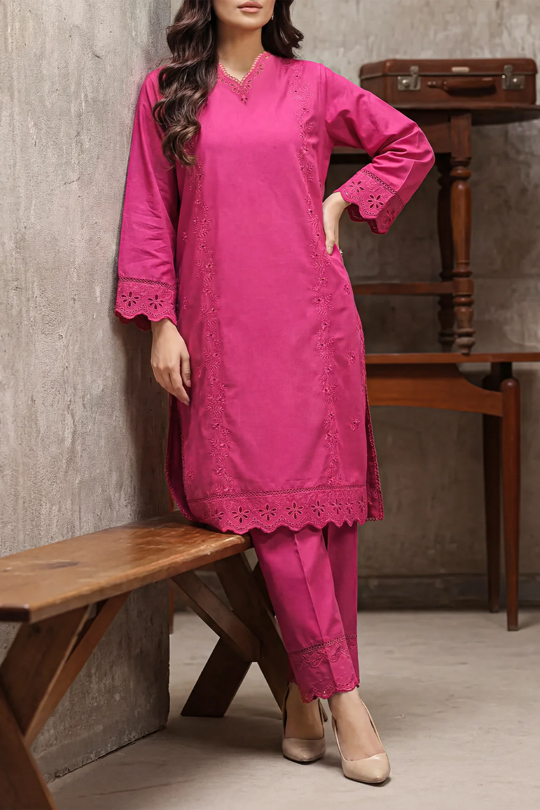 Solid Embroidered Cambric Stitched 2 Piece (Shirt/Trouser)