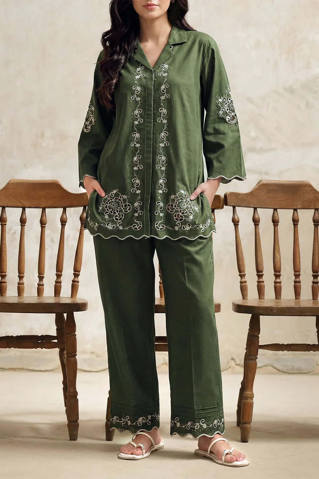 Solid Embroidered Cambric Stitched 2 Piece (Shirt/Trouser)