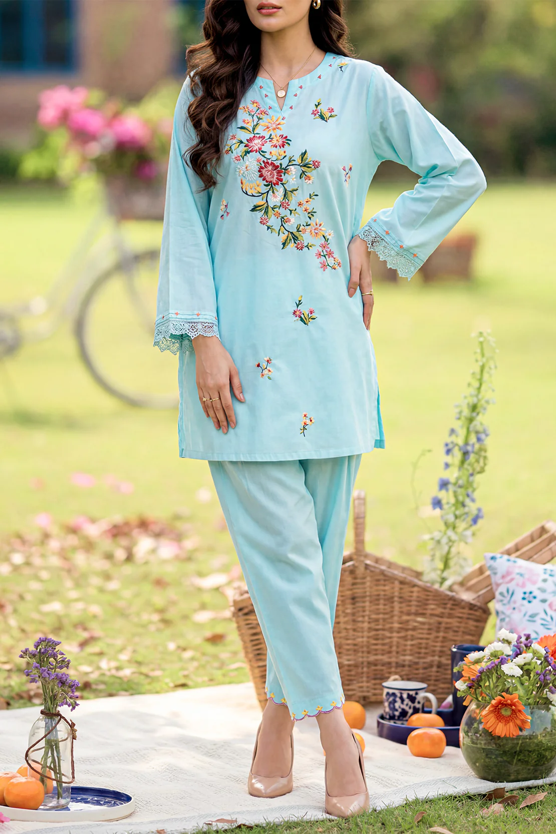 Solid Embroidered Cambric Stitched 2 Piece (Shirt/Trouser) - Image 2