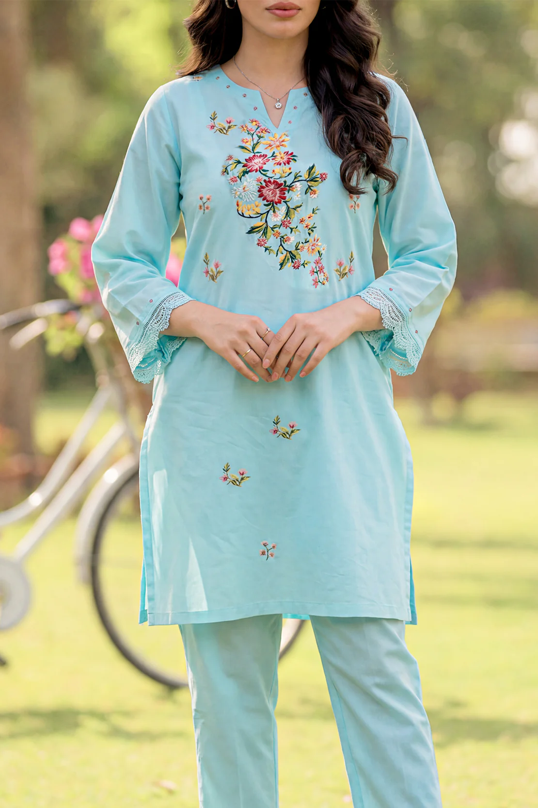 Solid Embroidered Cambric Stitched 2 Piece (Shirt/Trouser) - Image 3