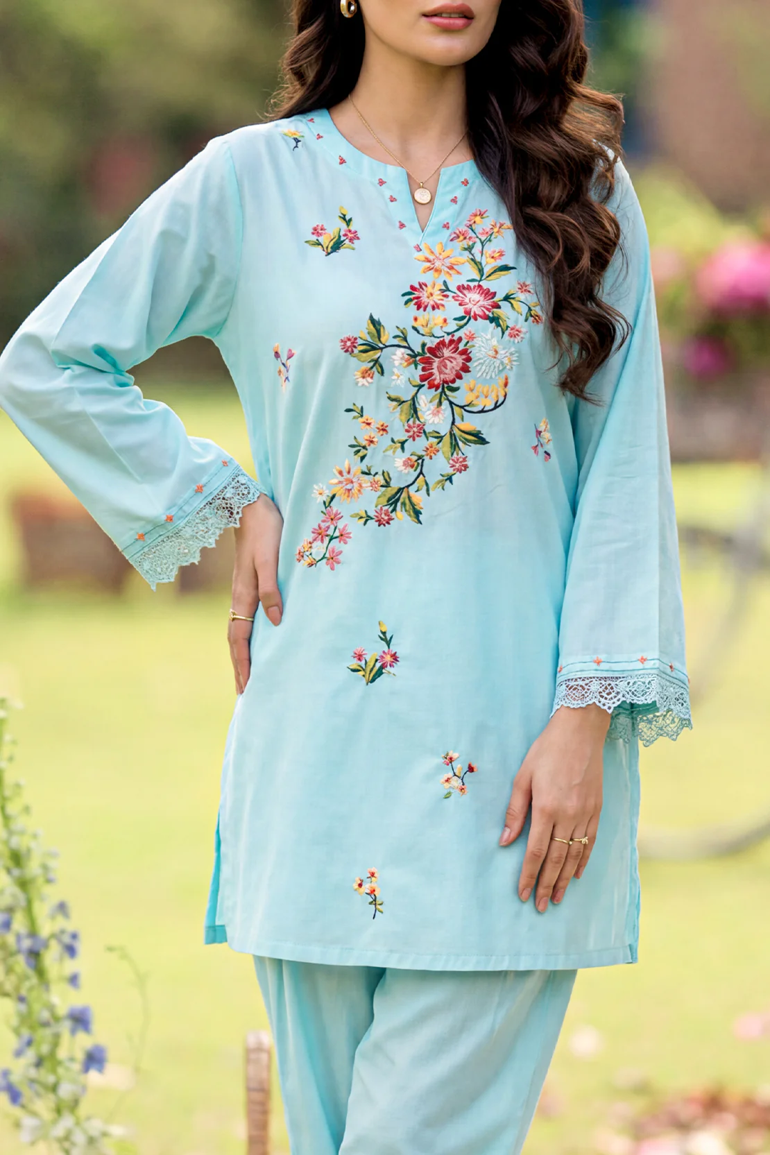 Solid Embroidered Cambric Stitched 2 Piece (Shirt/Trouser) - Image 5