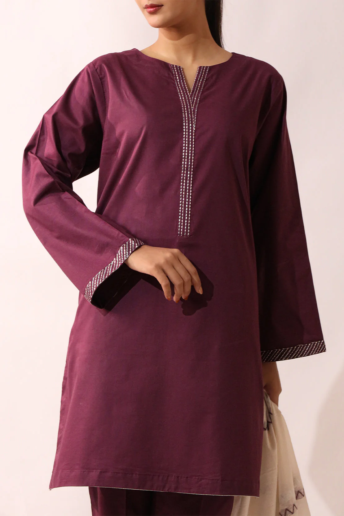 Solid Embroidered Cambric Stitched 3 Piece
