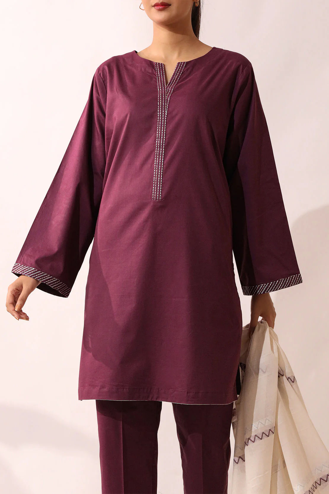 Solid Embroidered Cambric Stitched 3 Piece - Image 2