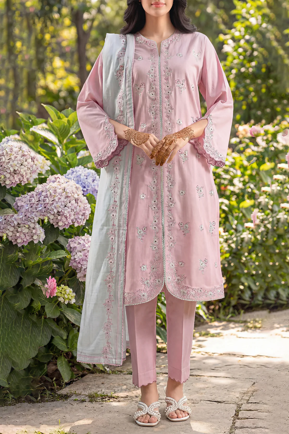 Solid  Embroidered Cambric Stitched 3 Piece