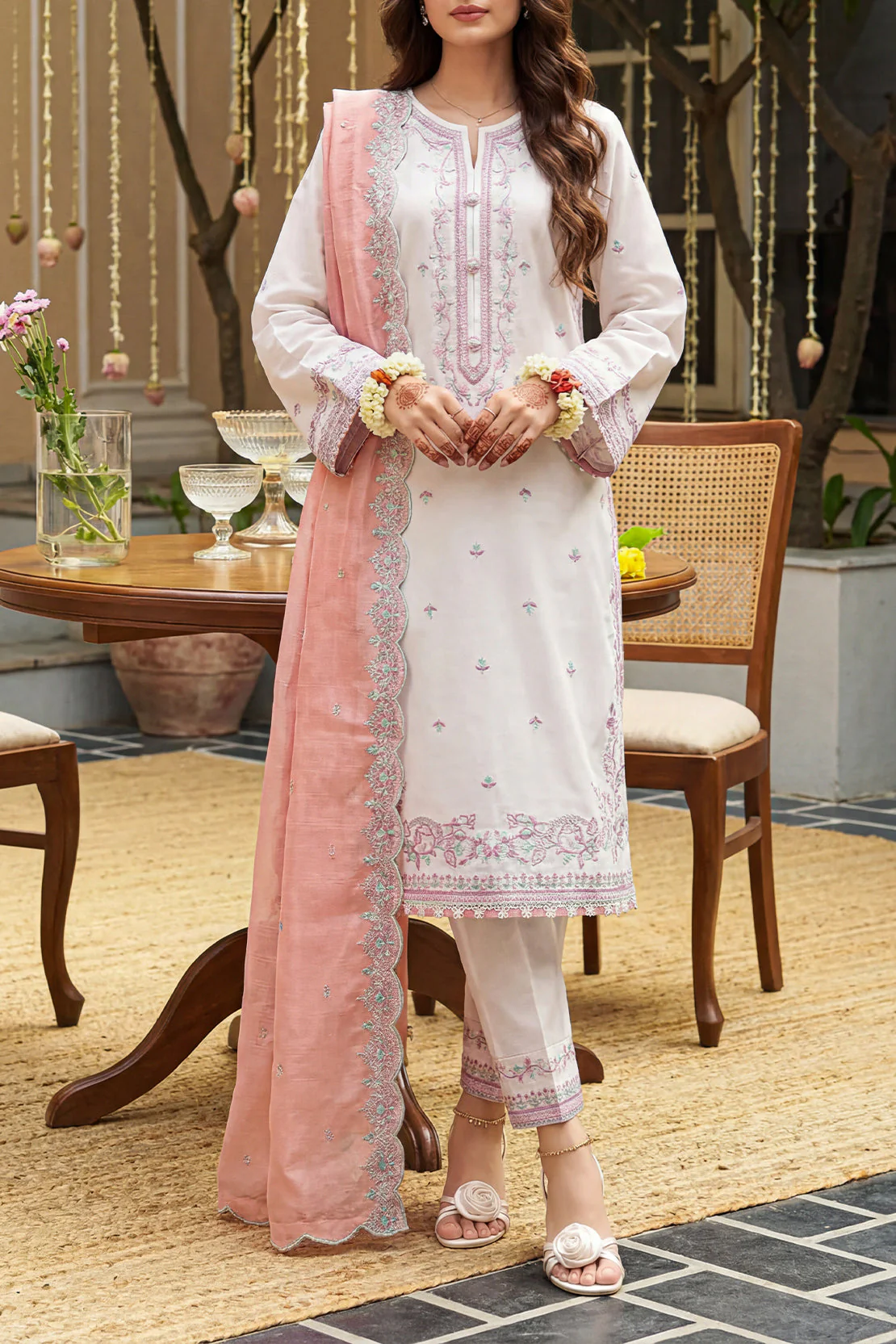 Solid Embroidered Cambric Stitched 3 Piece