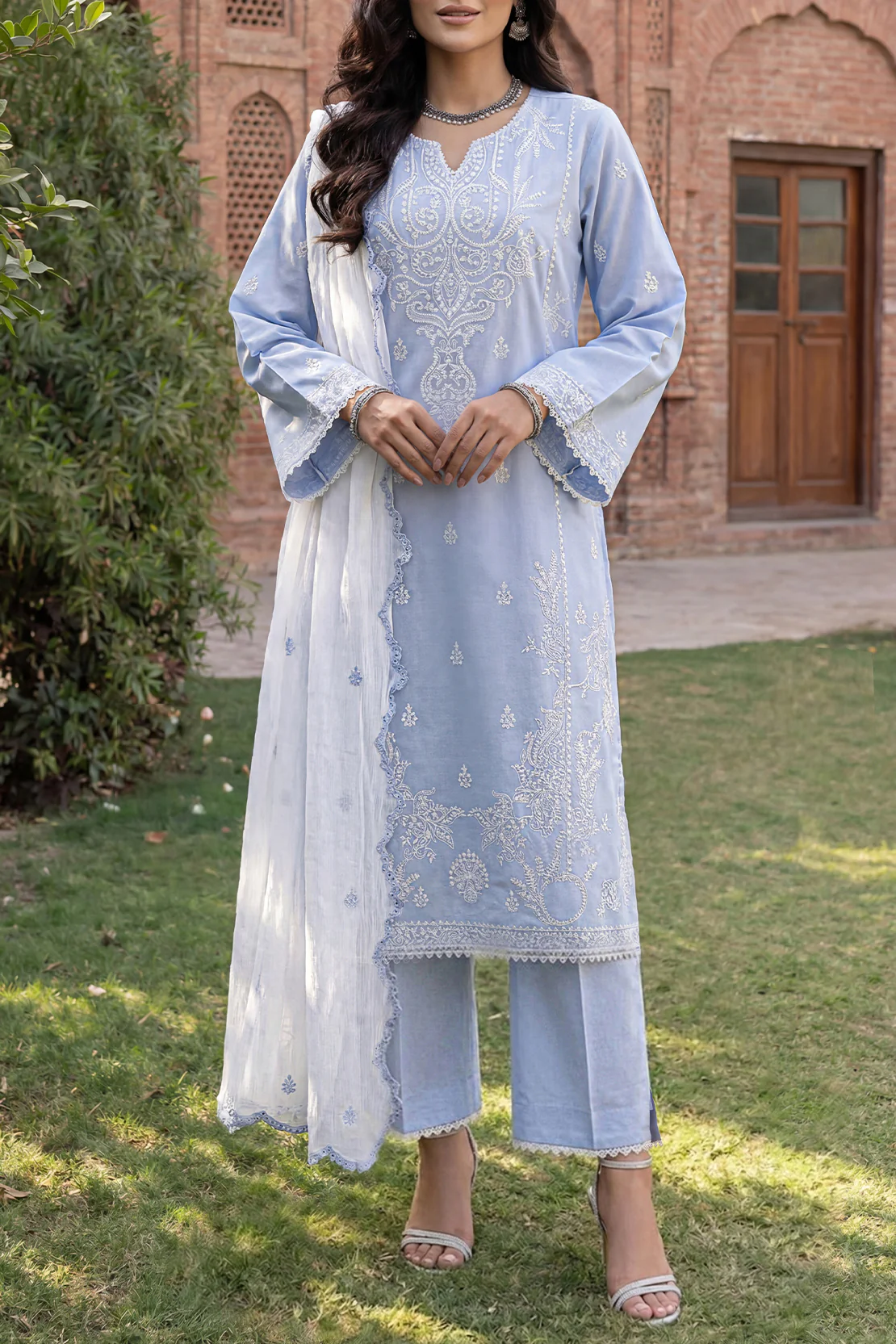 Solid Embroidered Cambric Stitched 3 Piece